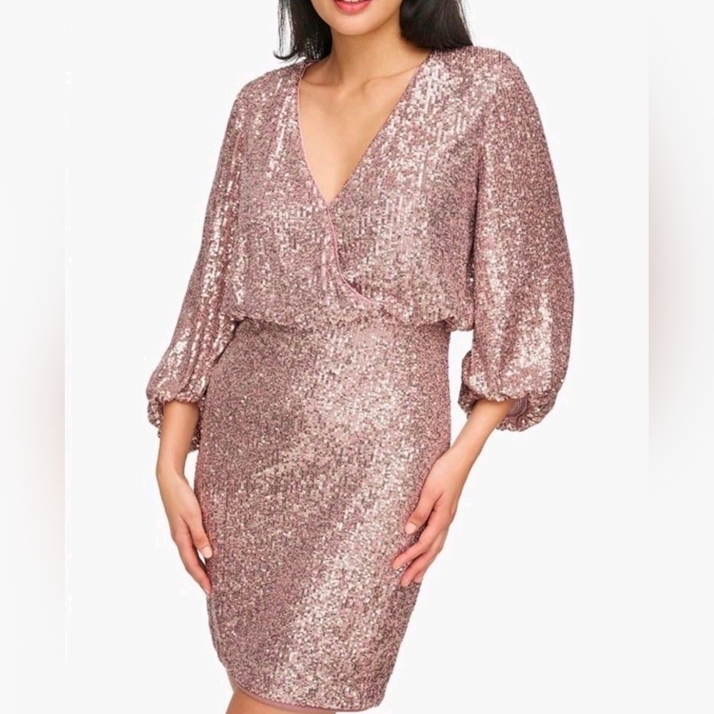 Eliza J Sequin V-Neck Cocktail Mini Dress/ Sheath - Rose Gold/Baloon Sleeves NWT - Picture 16 of 16